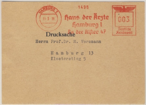 DR - Hamburg 1, 3 Pfg. AFS "Haus der Ärzte", Drucksachenkarte 1938