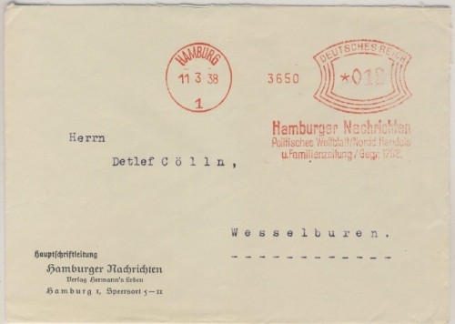 DR - Hamburg 1, 12 Pfg. AFS "Hamburger Nachrichten", Brief n. Wesselburen 1938