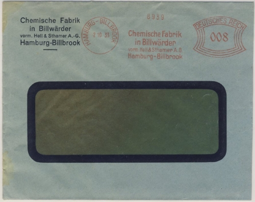 DR - Hamburg-Billbrook, 8 Pfg. AFS "Chem. Fabrik in Billwärder", Ortsbrief 1933