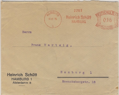DR - Hamburg 1, 16 Pfg. AFS "Heinrich Schütt", Ortsbrief 1935