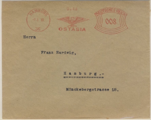 DR - Hamburg 36, 8 Pfg. AFS "Ostasia", Ortsbrief 1933