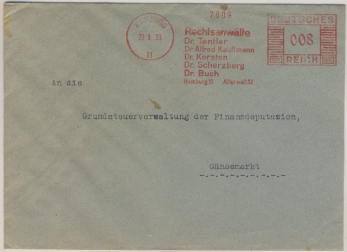 DR - Hamburg 11, 8 Pfg. AFS "Rechtsanwälte", Ortsbrief 1933