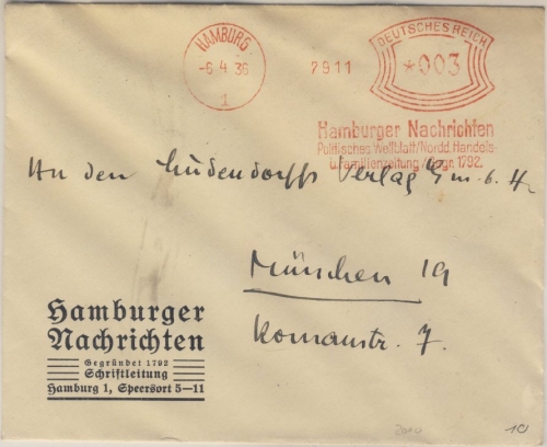 DR - Hamburg 1, 3 Pfg. AFS "Hamburger Nachrichten", Drucksachenbrief n. München