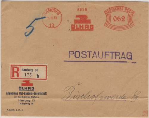 DR - Hamburg 13, 62 Pfg. AFS "ÖLHAG", R-Postauftrag n. Bischofswerda 1933