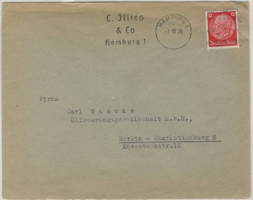 DR - Hamburg 1, Freimarkenstempler Nr. 34 (?), "Illies & Co.", Brief n. Berlin
