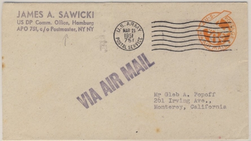 BRD/USA - 6 C. US GA-Umschlag, US-Army/APO 751 (Hamburg) - Monterey 1951