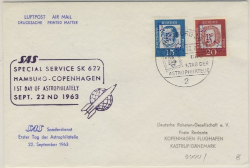 BRD - Hamburg 36, "1st Day of Astrophilately", SAS-Sonderflug n. Copenhagen 1963