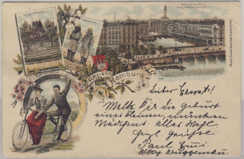 Hamburg - Farbige Megrbild-Gruss aus-Litho, gelaufen 1899, re. oben Eckmgl.