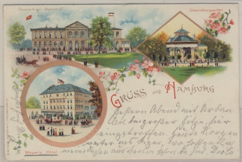Hamburg - Farb. Mehrbildlihto (Dammthor Bahnhof usw.), gelaufen 1896