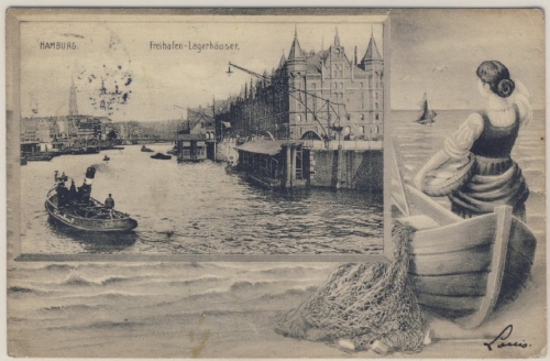 Hamburg - Freihafen-Lagerhäuser, sw-Ansichtskarte, gelaufen n. Belgien 1908
