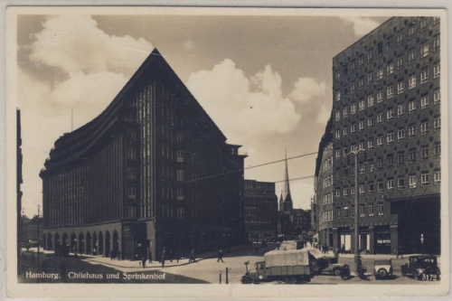 Hamburg - Chilehaus u. Sprinkenhof, sw-Fotokarte, gelaufen 1940