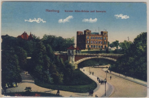 Hamburg - Kersten Miles Brücke u. Seewarte, farb. Ansichtskarte, gelaufen 1914