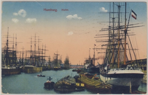 Hamburg - Hafen (m. Segelschiffen), farb. Ansichtskarte ca. 1910, gelaufen 1948