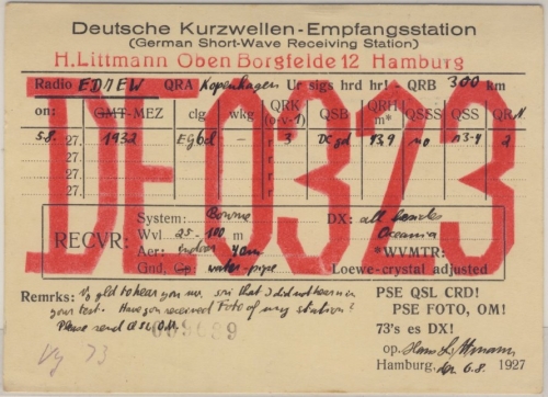 Hamburg - QSL-Karte (DE0323), gelaufen n. DÄNEMARK 1927