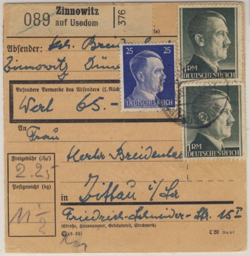 DR - 2x1 RM + 25 Pfg. AH Wertpaketkarte Zinnowitz a. Usedom - Zittau 1943
