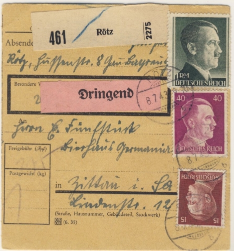 DR - 1 RM + 40+15 Pfg. AH, Dringend-Paketkarte Rötz - Zittau 1943