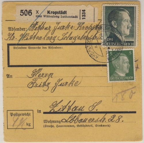 DR - 1 RM + 5 Pfg. AH Paketkarte Kropstädt ü. Wittenberg Lutherstadt Zittau 1944