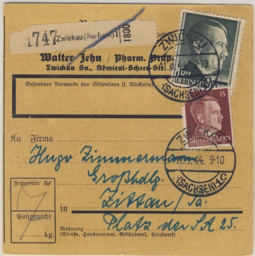 DR - 1 RM + 15 Pfg. AH, Paketkarte Zwickau - Zittau 1944, 15 Pfg. defekt