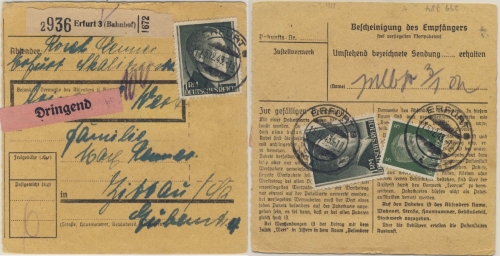 DR - 2x1 RM + 5 Pfg. AH Dringend-Wertpaketkarte Erfurt 2 (Bahnhof) - Zittau 1943