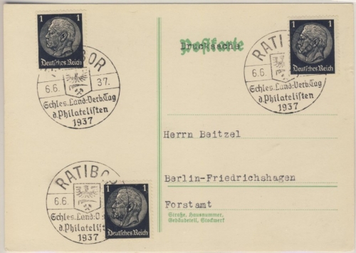 DR - Ratibor 1937 SST Philatelisten Verbandstag Drucksachenkarte n. Berlin