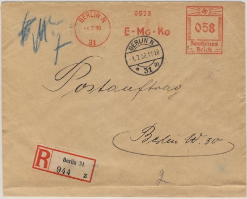 DR - Berlin N31, 58 Pfg. AFS "E-Mo-Ko", Ortseinschreibe-Postauftrag 1936