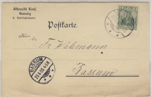 DR - 5 Pfg. Germania Perfin "A/KIND/H", Karte Dieringhausen - Bassum 1905