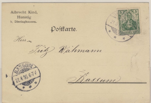 DR - 5 Pfg. Germania Firmenlochung "A/KIND/H" Karte Dieringhausen Bassum 1905