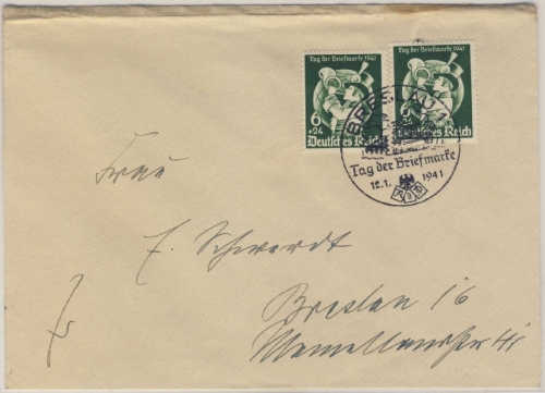 DR - Tag der Briefmarke 1941, 2x6 Pfg. a. Brief ESST Breslau - FDC !!!