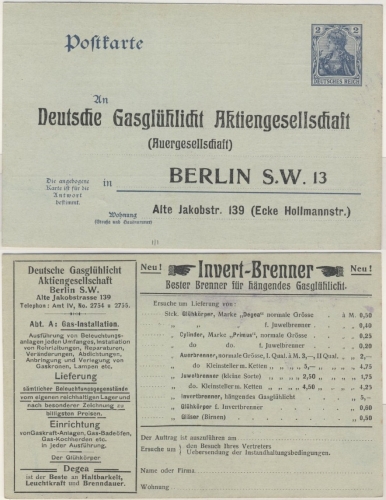 DR - 2 Pfg. Germania GA-Karte/F-Teil m. Zudr. "Deutsche Gasglühlicht AG Berlin"