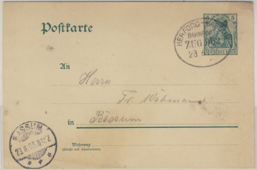 DR - Bahnpost Herford - Bassum Zug 902 5 Pfg. Germania GA-Karte Wagenfeld 1905