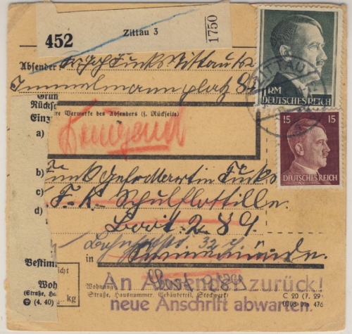 DR - 1 RM + 15 Pfg. AH, Paketkarte Zittau 3 - Swinemünde 1943 + RETOUR !!