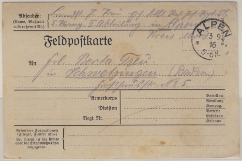 DR - Alpen 1916, K1 a. Feldpostkarte n. Schwetzingen - Vordruckkarte