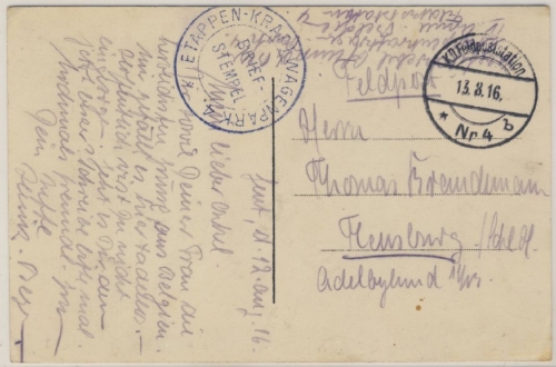 DR - Etappen-Kraftwagenpark 4 Feldpostkarte K.D.Fp.Stat. Nr. 4 - Flensburg 1916