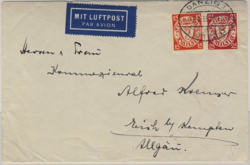 Danzig - 15+25 Pfg. Wappen Luftpostbrief n. Kempten 1935 - ohne Inhalt