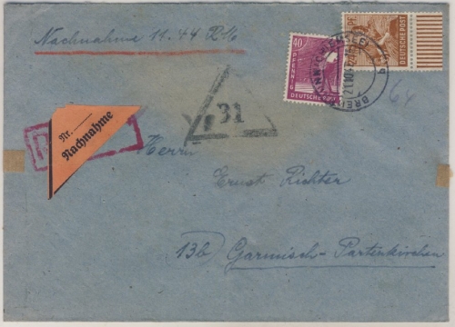 Kontrollrat - 40+24 Pfg. Arbeiter, Nachnahmebrief Breitbrunn - Garmisch 1947