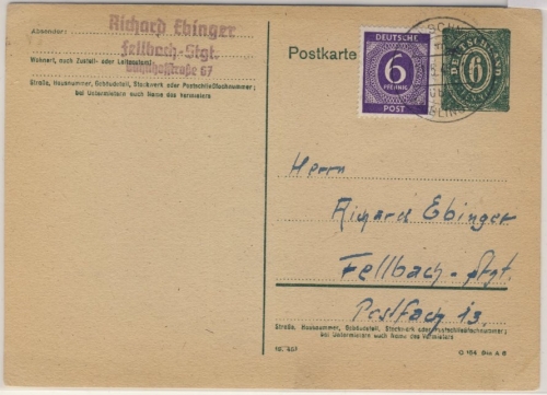 AM-Post - 6 Pfg. GA + Zusatz, Schnaidt über Waiblingen - Fellbach 1946