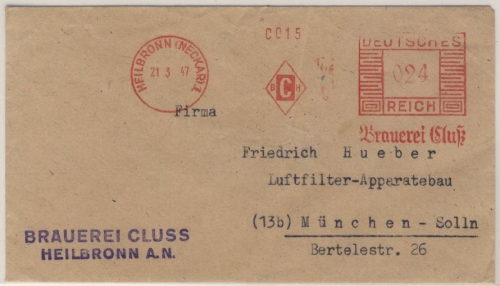 Kontrollrat - 24 Pfg. AFS Brauerei Cluss, Brief Heilbronn - München 1947