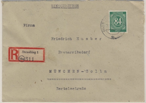 Kontrollrat - 84 Pfg. Ziffer, Einschreibebrief Straubing - München 1947