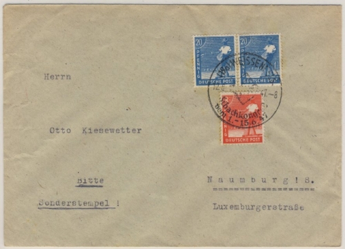 Kontrollrat - Schachkongress Weissenfels 1947 Brief n. Naumburg 48 Pfg.-Tarif