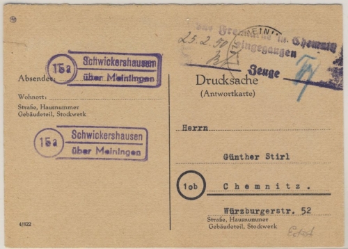 DDR - (15a) Schwickershausen über Meiningen, Landpoststellenstpl. a. Karte 1950