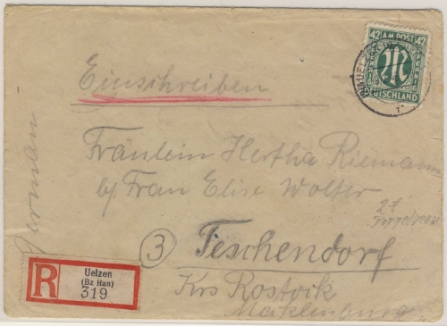 AM-Post - 42 Pfg. Einschreibebrief, (20) Ülzen - Teschendorf 1946 - ohne Inhalt