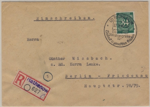 Kontrollrat - 84 Pfg Ziffer Einschreibebrief SST Rathenow Dt. Volkskongress 1946