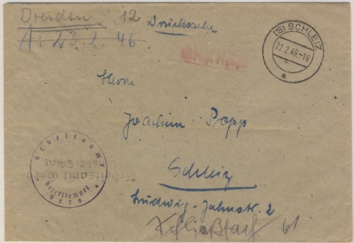 SBZ - (15) Schleiz, Gebühr bezahlt, roter L1 a. Orts-Drucksachenbrief 1946