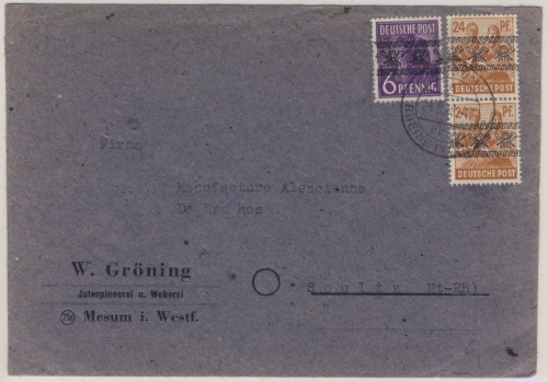 Bizone - 2x24+6 Pfg. Arbeiter/Band Brief n. FRANKREICH Mesum ü. Rheine 1948