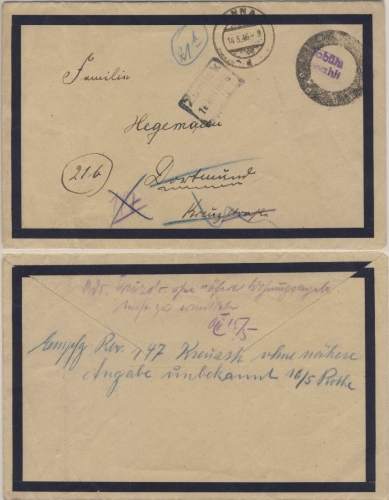 Kontrollrat - Gebühr bezahlt L2 PA-Stpl. Trauerbrief Unna - Dortmund 1946