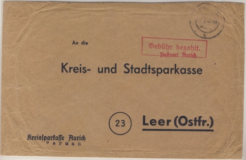 Kontrollrat - Gebühr bezahlt + L1 Postamt Aurich, Brief n. Leer 1945