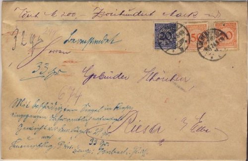 DR - 2x50+20 Pfg. Korbdeckel, Wertbrief Olbernhau - Riesa 1924 - Beanstandet !!