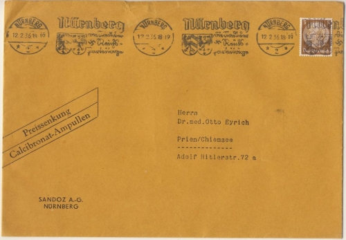DR - 3 Pfg. Hindenburg, Perfin "FA" Drucksachenbrief Nürnberg - Prien 1936