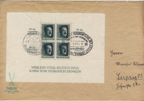 DR - 9. Reichsparteitag Blockausgabe Brief SST Nürnberg + Marschpost Dresden-Hof