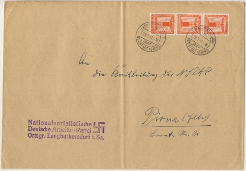 DR - 3x8 Pfg. Adler/Sockel Dienstbrief Langburkersdorf ü. Neustadt (Sachsen) n.